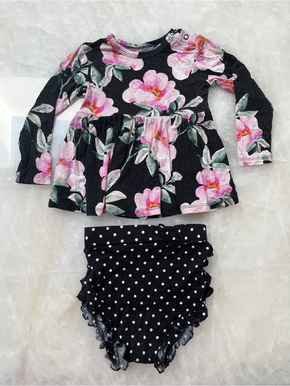 Posh Peanut Black Floral Long-Sleeve Top with Polka Dot Bloomers